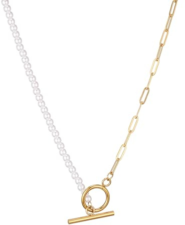 AFSTALR Pärlhalsband för kvinnor guldkedja med vit pärlhänge berlock coker halsband smyckesset gåvor för flickor damer, Rostfritt stål
