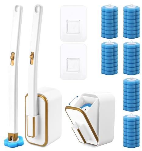 Seivunol Scopino WC Usa e Getta, Set Spazzola per WC con 48 Testine Monouso di Ricambio (a Profumo di Mare), Scopettino a Muro con un Manico Lungo e un Supporto, per Pulizia WC, Bagno, Lavabo e Vasca