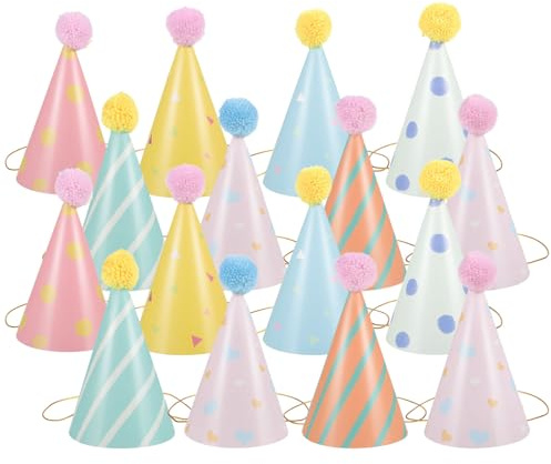 OUNONA 16 St Födelsedagshattar i Papper med Pompom Färgglada Partyhattar för Kvinnor och Pojke Festliga Huvudbonader för Nyårsafton och Födelsedagsfirande Dekorativa Konformade Mössor för