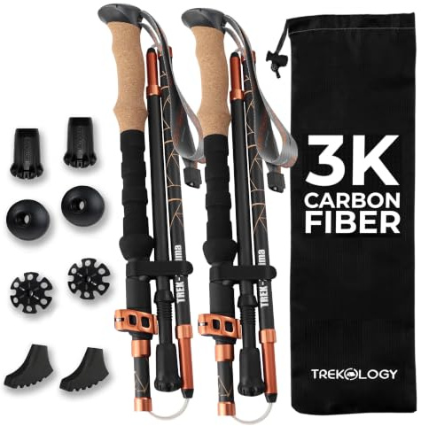 Trekology Trek-Z Prima 3K Carbon Fiber Trekking Poles, Orange, 115–135 cm