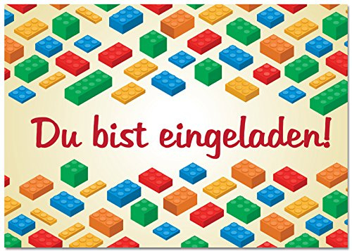 CELEBR8 12 Einladungskarten im Set zum Geburtstag/Kindergeburtstag mit Motiv Building Blocks und Bricks. Einladungen für Jungen und Mädchen mit Bausteinen