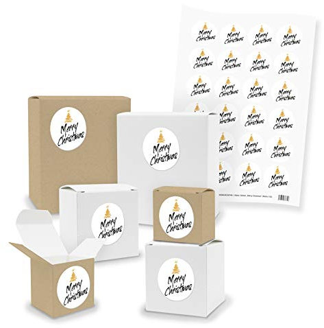 itenga Set 24x Geschenkboxen Schachteln Quader und Würfel gemischt Braun Weiß 24x Sticker Motiv Merry Christmas Schwarz Gold - zum selber Basteln und Befüllen