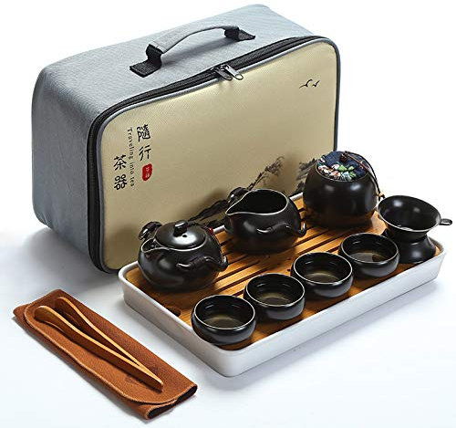 fanquare Portátil Juego de Té Kung Fu, Juego de Té Chino Hecho a Mano, Tetera de Porcelana, Tazas de té, Bandeja de Té de bambú, con Una Bolsa de Té de Viaje, Negro