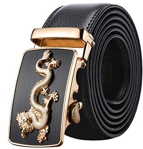 Canarea Gürtel Herren Leder Ratsche Automatik-Gürtel Mode chinesischer Drache Jugend Ledergürtel, Leder-Gürtel für Männer Jeansgürtel Business Anzug Canvas 35mm Breit,Schwarz (Golden, 125 CM)