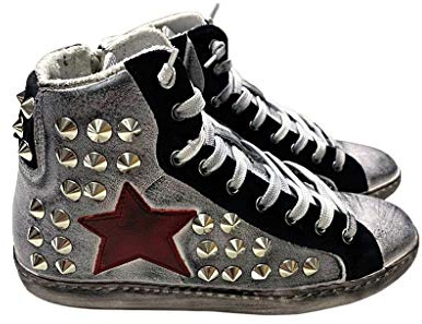 Scarpe Sneakers Alte Uomo Donna Bianco Pelle Blu Stella Rossa Borchie Via Condot