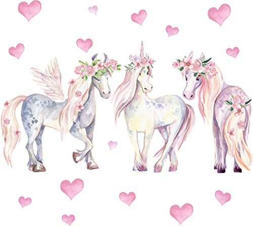 Pandawal Wandtattoo Kinderzimmer Mädchen Deko Einhorn Pferde Herz Wanddeko für Kinder und Babyzimmer Wandaufkleber (M)