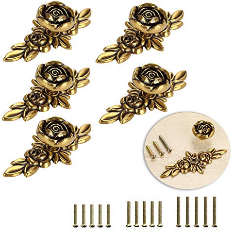 BSTKEY 5pcs 100mm Rose Drawer Knobs Pull Handles with Plate, Antique Brass