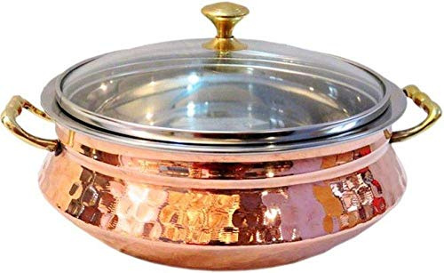 OSNICA 1 Piece Indian Food Serving Bowls for Cereal, Soup, Cooked Food Party Serve Ware, Serving Dishes Copper, Steel Handi (Size 20 cm (1000 ML) with LID)