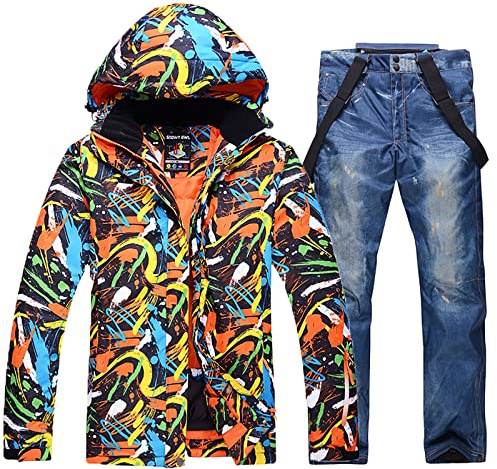 7HAHA3 Tuta da Sci da Uomo con Motivo a Nastro Cappotto con Jeans Giacche e Pantaloni da Snowboard Abbigliamento Impermeabile da Esterno Tuta da Neve,Jeans,L(180cm70kg)