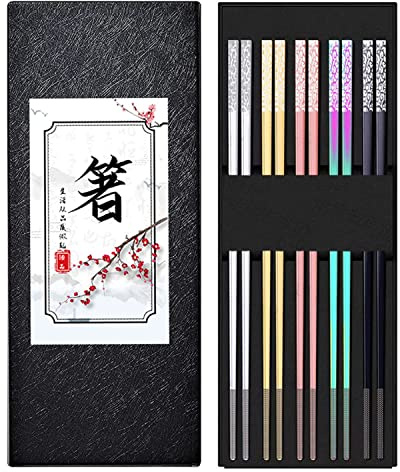 Essstäbchen Edelstahl 5 Paar, Farbe japanische Metall Hochwertige Wiederverwendbare EssStäbchen Titan EssStäbchen Halter, umweltfreundlich gesund Restaurant (Geschenk Verpackung) (Bunte Stäbchen)