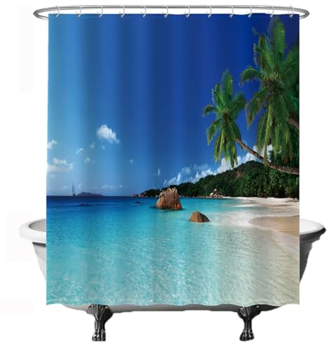 Ulticool Tenda da doccia – Spiaggia natura mare isola palma – 180 x 200 cm – Lavabile – Anti muffa – Impermeabile – con 12 anelli – Blu