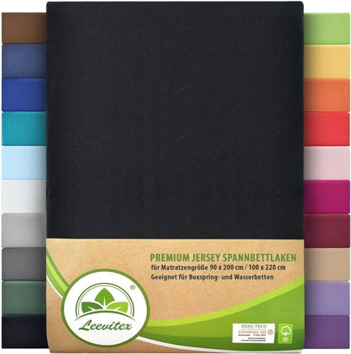 Premium Spannbettlaken, extra schwer und dick, 97% Mako-Jersey-Baumwolle und 3% Elasthan, auch Boxspringbett geeignet, 90 x 200-100 x 220 cm, Schwarz