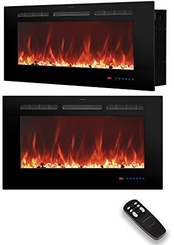 76cm Electric Fireplace Insert, Wall Mounted Fireplace Heater, 13 * 13 Flame Effects, Realistic Logs Ember Bed, Adjustable Thermostat & Timer, 1500W, Black(30)