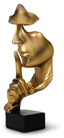 greafy Gold Deko Skulptur Silence - Abstraktes Gesicht Schweigen ist Gold Statue aus Harz Figur Denker auf schwarzem Sockel als Wohnzimmer Deko modern, Dekofigur für Schlafzimmer & Büro, 27cm Hoch