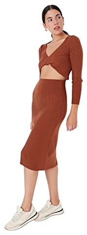 Trendyol Dam midi bodycon anpassad stickad klänning, Brun, S