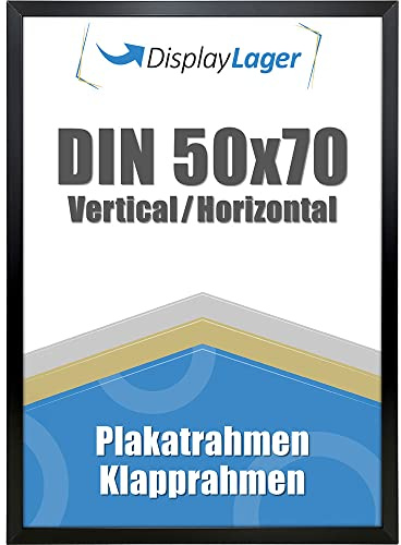 DisplayLager - Flat Profile Klapprahmen, Dünne 20mm Aluminium Profil, Entspiegelter Schutzscheibe, Befestigungsmaterial (Schwarz, 50 x 70 cm)