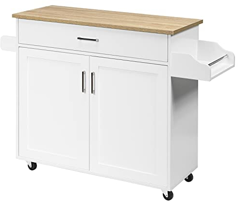 GOPLUS Servierwagen mit Schublade & Schrank, Rollbarer Küchenwagen, Beistellwagen mit Verstellbarer Trennwand, 2 Räder mit Bremse, aus Holz, im Landhausstil, für Küche Restaurant (Weiß)