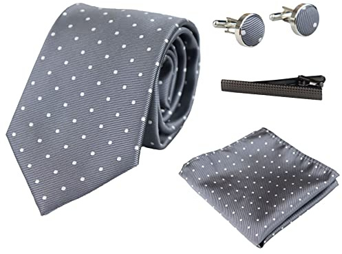 TruClothing.com Krawatte Geschenkset Einstecktuch Manschettenknöpfe Krawattennadel Polka Dot Satin - silber Einheitsgröße