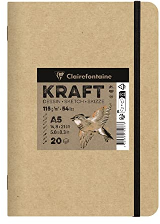 Clairefontaine 975937C - Skizzenbuch Kraft Natur DIN A5 14,8x21cm, geheftet, 20 Blatt 115g, ideal für Multitechniken, 1 Skizzenbuch