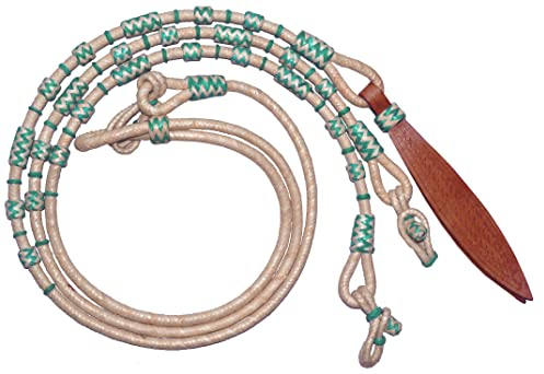 WeavingCraft Naturseil mit türkisfarbenen und weißen Knoten, rohes Leder, handgeflochtene Romal-Zügel, Ranchseil/Seilzügel
