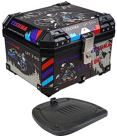 YESHMA Motorcycle Top Case,55L Universal Motorbike Tail Box,Sports Graffiti Style Motorcycle Top Box with Backrest, Security Lock and Handle for Helmet Luggage,Black