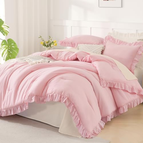 Andency Pink Ruffle Comforter Set Twin, 2 Pieces Kids Comforter (66x90Inch), Lightweight Soft Girls Shabby Chic Bedding, All Season Bed Set