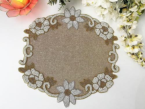 Enliven Set of 6, Handmade Burlap and Bead placemat, Burlap tablemat, 14 inch, Charger