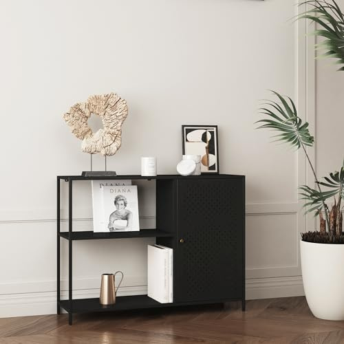 [en.casa] Skåphylla Viitasaari stående hylla med skåpdörr skänk svart metallhylla för vardagsrum med 2 öppna fack sidoskåp 100 x 30 x 75 cm