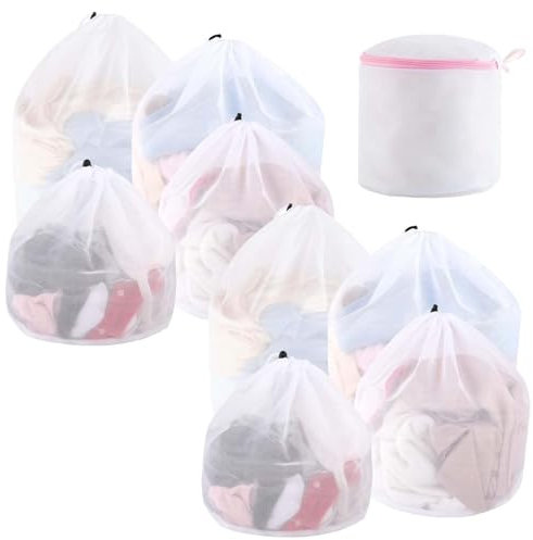 CLKE 9 Stück Wäschesack für Waschmaschine, Wiederverwendbarer Wäschenetz, Wäschesäcke mit Kordelzug, mit 1 BH Wäschenetze mit Reißverschluss, Mesh Wäschesack für Mäntel, Jeans, Unterwäsche