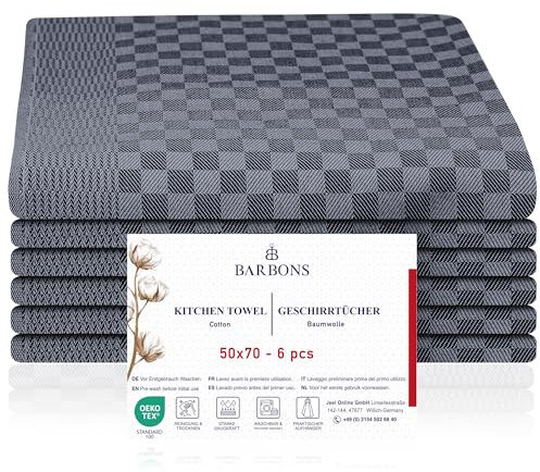 BARBONS 6 paños de Cocina a Cuadros Kitchen Towels 100% Algodón Certificado Trapos Absorbentes para Secar 50x70 cm Negro Antracita
