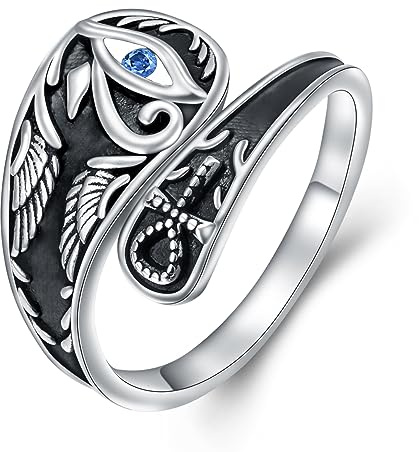 HOOHWE 925 Sterling Silver Eye of Horus Open Adjustable Ring for Women Evil Eye Rings Cross Spoon Ring Vintage Jewelry Gift for Women Men