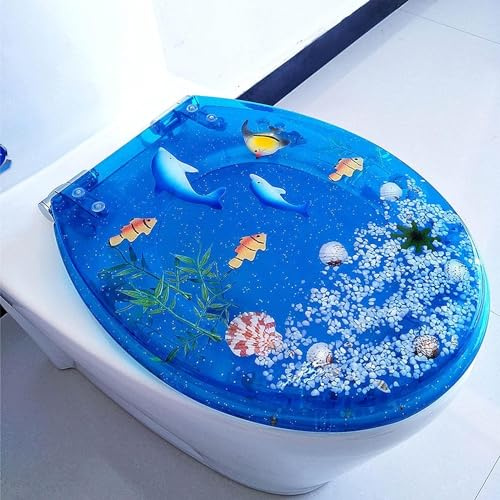 Toilettendeckel Mit Absenkautomatik Lila, Blau, Weiß, Klodeckel, Verdicken WC Sitz, Klobrille 3D-effekt Delfine, Seesterne, Echte Muscheln Und Sand, Schnelle Demontage, Einfach Zu Montieren (B)