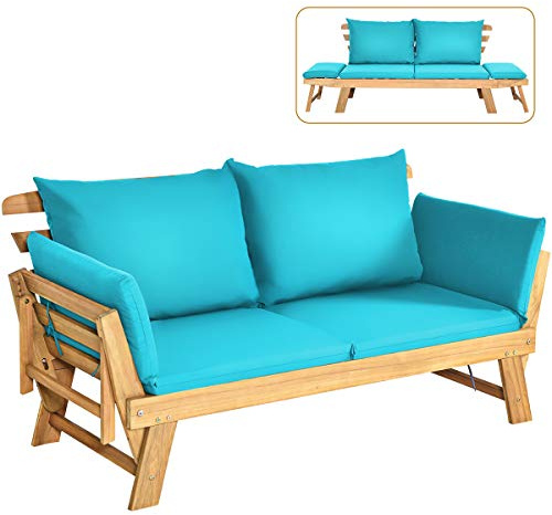 COSTWAY Gartenbank Holz mit Liegefunktion, Gartensofa mit Auflagen | Klappbare Armlehnen, 2-Sitzer, Balkonbank aus Akazienholz, Balkonsofa, Gartencouch für Garten, Terrasse, Balkon, Türkis