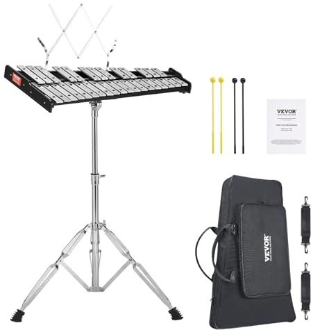 VEVOR 32 Note Glockenspiel Xylophone Bell Kit, Professional Percussion Instrument Set with Mallets, Drum Sticks, Music Stand, Adjustable Stand and Carrying Bag for Students & Adults