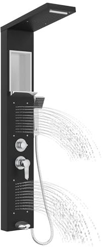 LZQ Panel de ducha de acero inoxidable, sistema de ducha de 5 funciones con ducha de lluvia, cascada, 2 chorros de masaje, ducha de mano y salida de bañera, juego de ducha montado en la pared (negro)