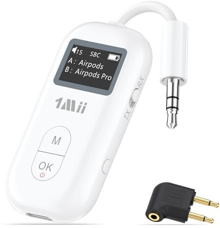 1Mii SafeFly Pro Bluetooth 5.3 Transmitter Receiver, Wireless Audio Adapter w/Screen for 2 Bluetooth Headphones, AptX LL/HD/AD, Use with Any 3.5MM Jack on Airplane, TV & iPad/Tablet
