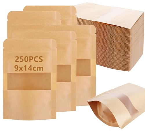 Oungy 250Pcs Kraft Paper Bags, 9x14cm Small Food Bags with Windows, Kraft Pouches Resealable Paper Bag for Food, Brown Stand up Pouch Paper Zipper Seal Bag for Nuts, Tea