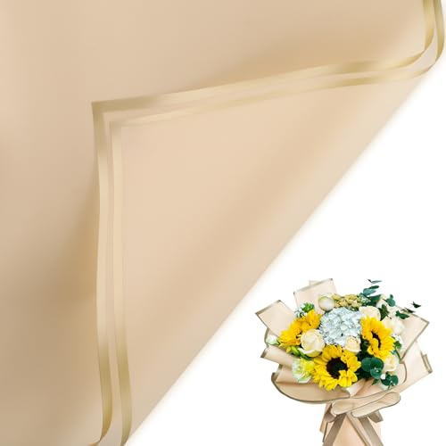 20 Blatt Blumen Papier Wasserdicht Blumenpapier Blumenstrauß Geschenkpapier für Hochzeit Geburtstag Party Dekoration DIY Kunst Handwerk 57 x 57 cm (Champagner und Goldrand)