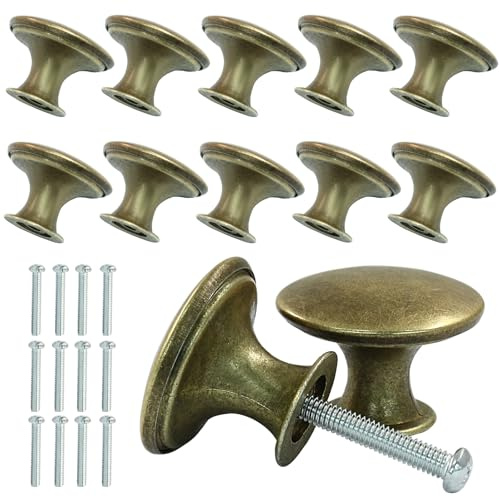 Cjueiom 12Pcs Kitchen Cabinet Knobs, Antique Brass, 30mm Round | Door Knobs, Metal Cabinet Pulls, Matching Screws, For Drawer Dresser Cupboard Wardrobe