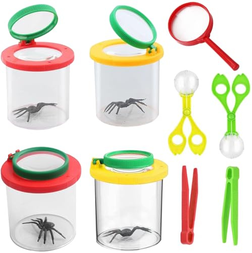 Abiemuce 9 Stück Becherlupen für Kinder, Lupenglas für Kinder, Becherlupe Set mit 4 Becherlupe-box, Lupe, 2 Pinzette und 2 Insektenfänger Scherenzange, für Kinders Outdoor Wissenschaft Natur Erkundung