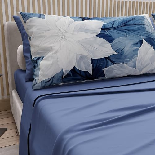 PETTI ARTIGIANI ITALIANI - Juego de Sabanas de Algodon para Cama Doble con Fundas de Almohada y Sábana Bajera 160x200, Diseño Floral 108 Índigo, 100% Fabricado en Italia