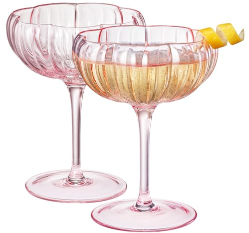 Khen Flower Modern Wavy Glass Coupes Martini, Champagne & Cocktail Coupes - Set of 2-7.7oz Colorful Cocktail Glasses & Prosecco, Mimosa Glassware Copyright Design - Blush Pink