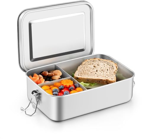 Onader Edelstahl Brotdose mit Fächern, Bento Box Lunchbox mit Deckel 1400ml