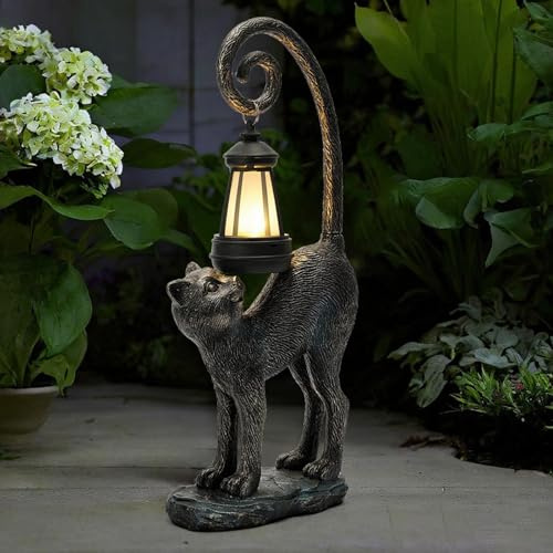 ZioWio Statue solaire de jardin en forme de chat avec sculptures lumineuses LED étanches, statues mignonnes pour étang/cour, décoration extérieure, maison, pelouse, terrasse, animal en résine, cadeau