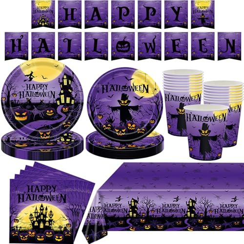 MORAINJAY 85P Vaisselles Fête Halloween,Épouvantail Violet Joyeux Halloween Vaisselle Kit avec Assiettes Papier Tasses Serviettes,Nappe,Bannière,Ballons,Fournitures de Fête Décoration Table 16 Invités