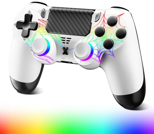 Controller Wireless per PS4, Controller di gioco compatibile con PS4/Pro/Slim/PC, Gamepad Joystick per PS4 con RGB a 7 colori/Pulsante Turbo/Doppia Vibrazione/6 Assi Giroscopio/Touch Panel(Bianco)