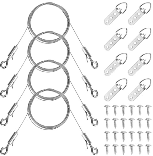 Picture Hanging Wire Kit, Including 4 Adjustable Wires & 8 D Rings & 24 Screws 77lbs Capacity Painting Hangers Hardware Heavy Duty Picture Hanging Kit for Displaying Frames Mirrors Canvas Wall Art