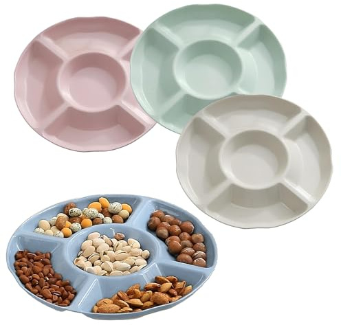 IFUDE Snackteller mit 5 Fächern 4 Stück Plastik Snackteller Rundes Snackteller mit Fächern Wiederverwendbar Obstteller Snack Tablett