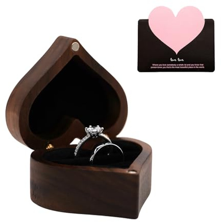 Homirty Holz Ringbox für Hochzeit, Herz Ringschatulle & Vintage Ringkästchen, Herzförmige Ringbox mit 2 Fächern, Holz Ringträger & Ohrring Schmuck Box, als Verlobungsringbox Valentinstag Ringschachtel