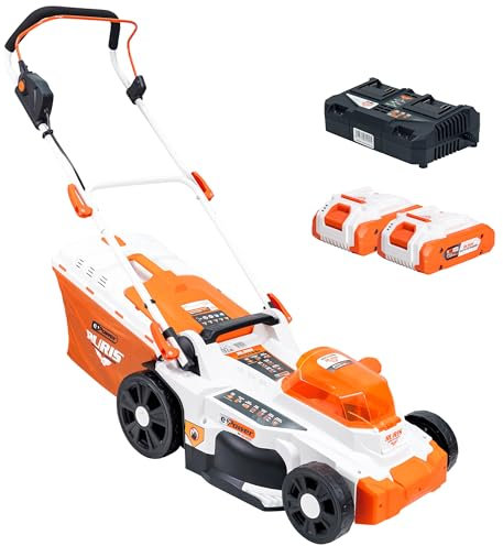 RURIS Tondeuse à Gazon sans Fil RXI3744e – Largeur de Coupe 37 cm, Hauteur 25-75 mm, Fonction 3-en-1 (Ramassage, Éjection Arrière, Mulching), 2X Batteries Li-ION 20V 4Ah et Chargeur Double Inclus